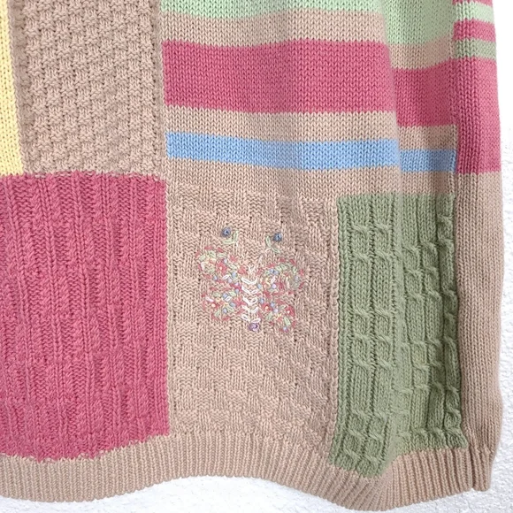 Koret Vintage Patchwork Knit Blouse – Cottagecore Grandmacore Top – Pink & Cream - Picture 9 of 13